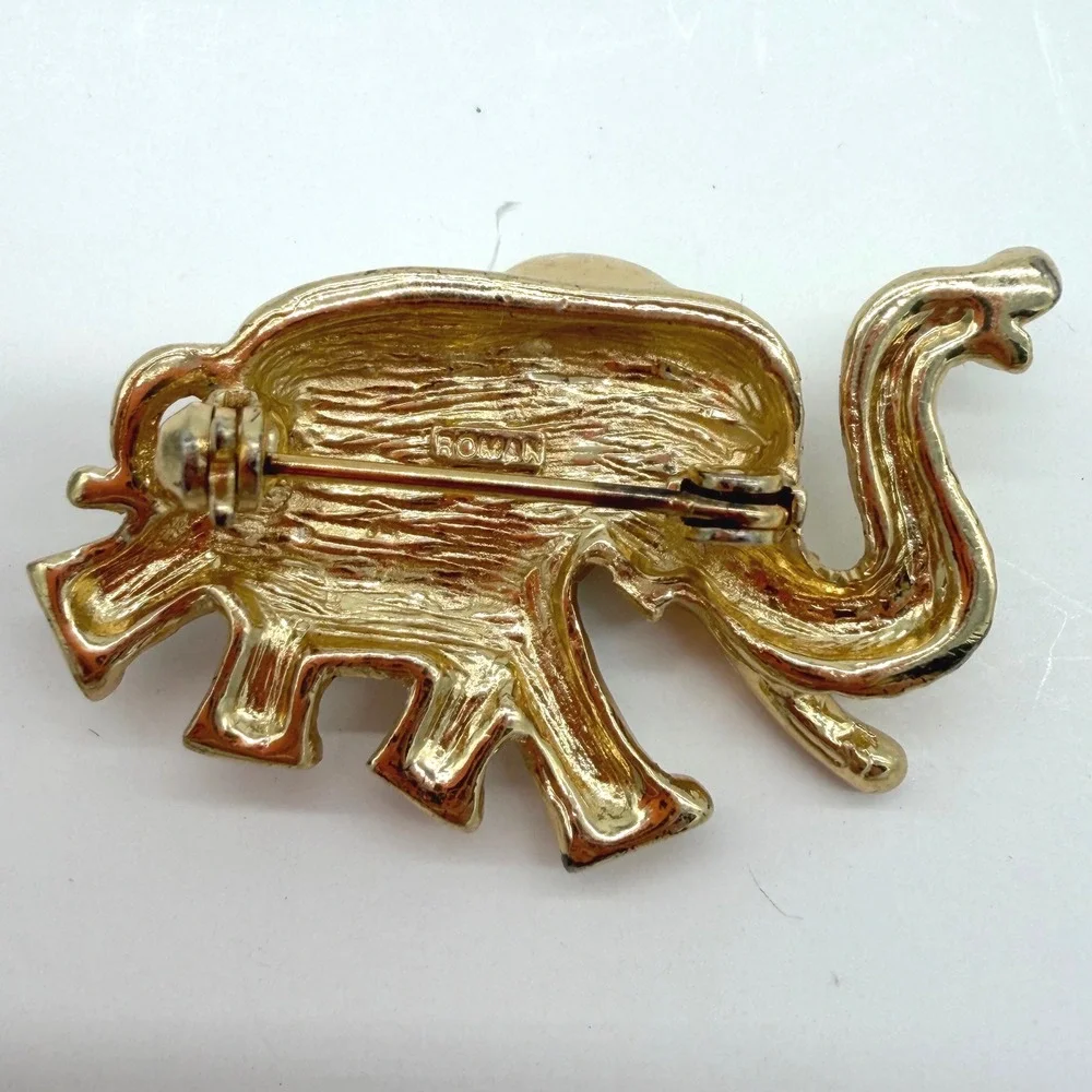 Roman Elephant Brooch Gold Tone Clear Rhinestone Pave Small Signed Vintage